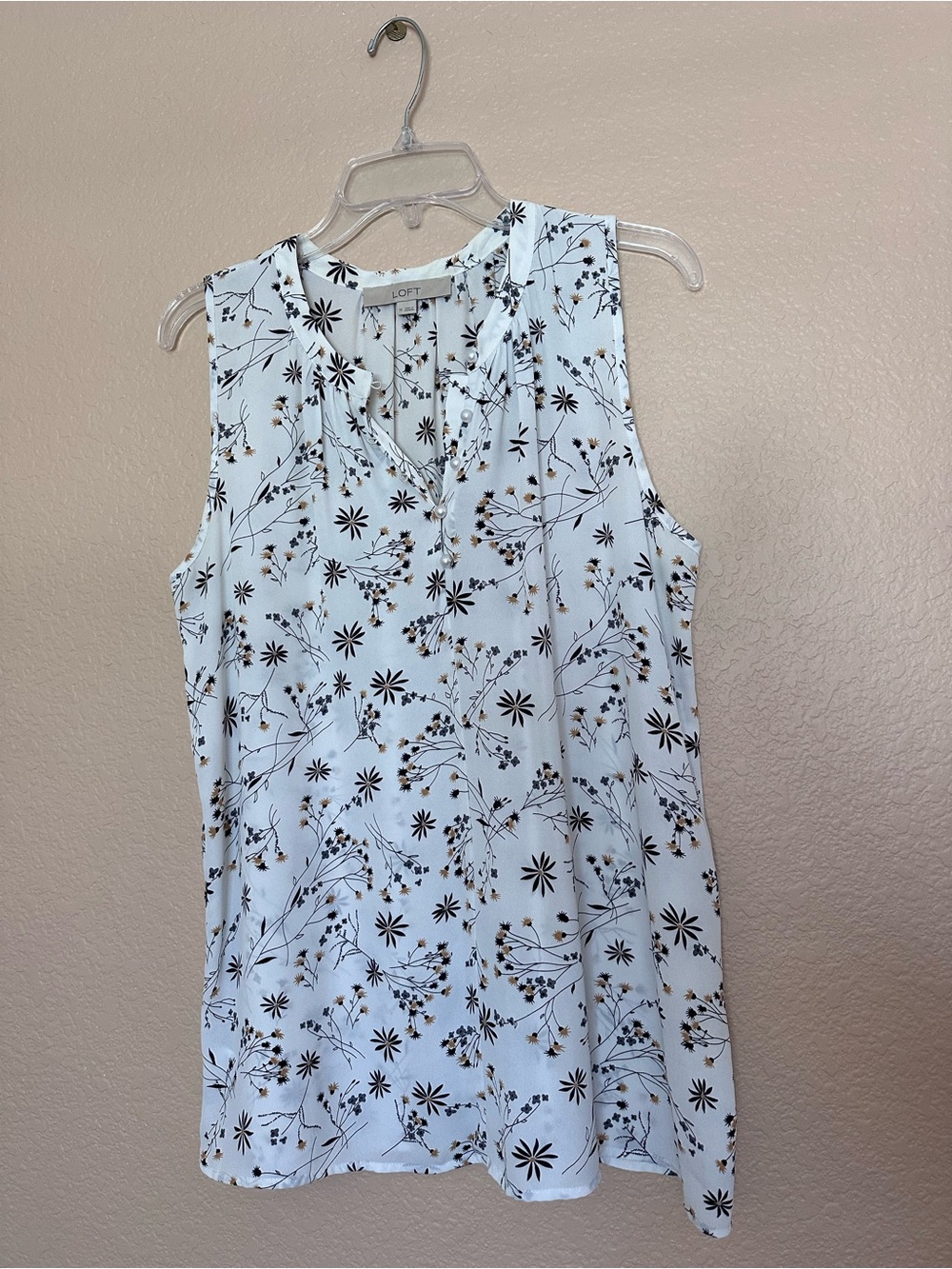 LOFT White Sleeveless Floral Split-Neck Tank